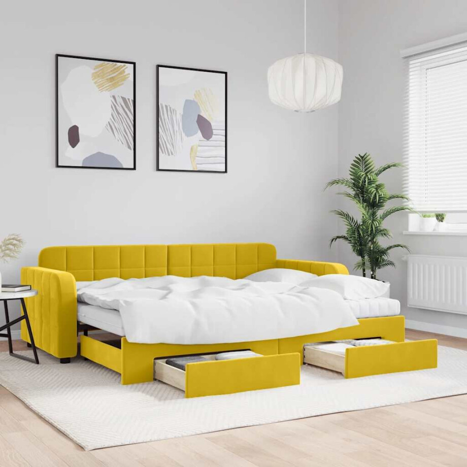 vidaXL Slaapbank met onderschuifbed en lades 80x200 cm fluweel geel afbeelding 1