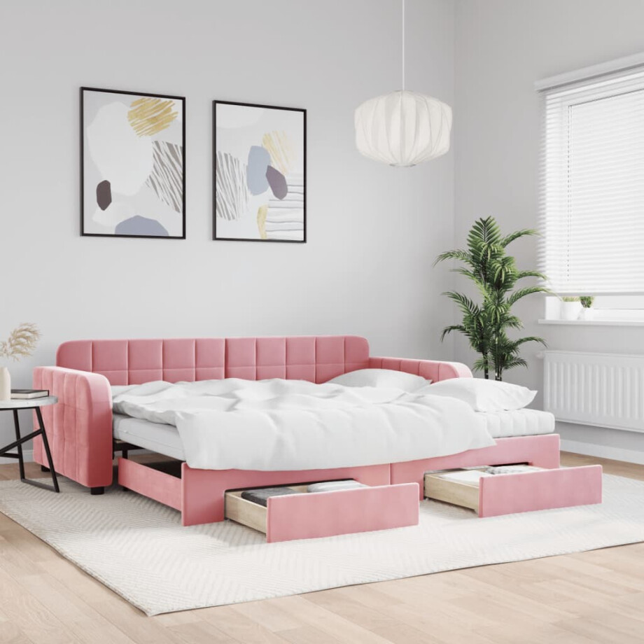 vidaXL Slaapbank met onderschuifbed en lades 90x200 cm fluweel roze afbeelding 1
