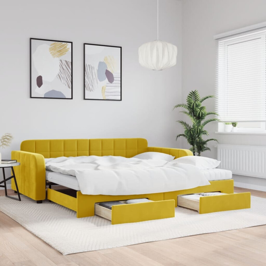 vidaXL Slaapbank met onderschuifbed en lades 100x200 cm fluweel geel afbeelding 1