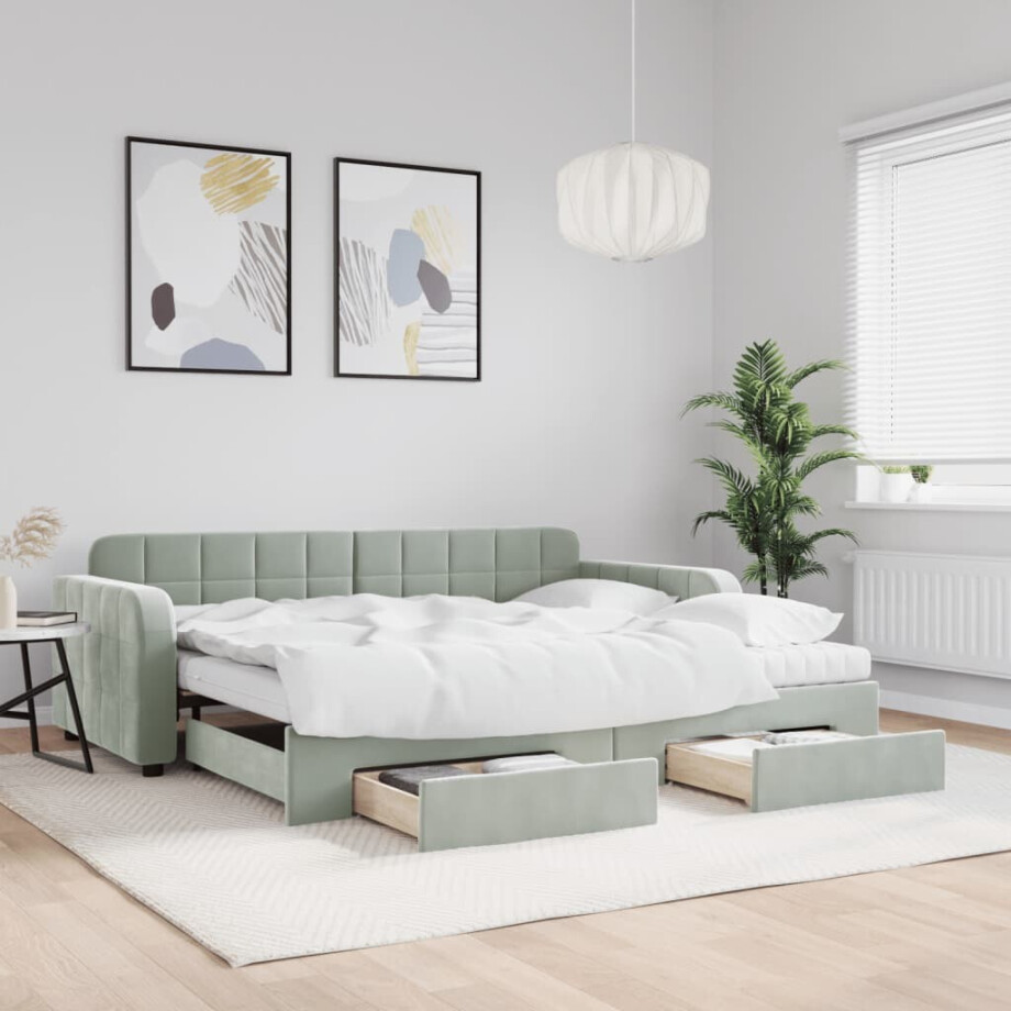 vidaXL Slaapbank onderschuifbed en lades 90x190 cm fluweel lichtgrijs vidaXL Slaapbank onderschuifbed en lades 90x190 cm fluweel lichtgrijs afbeelding 1