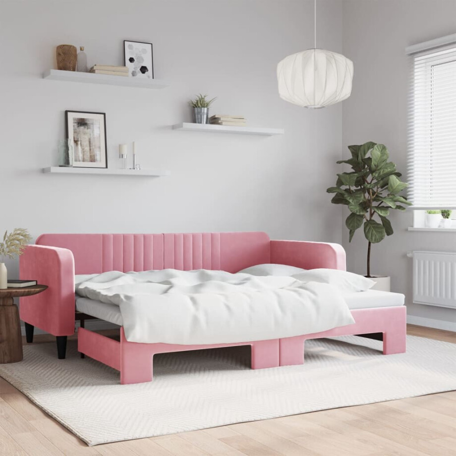 vidaXL Slaapbank met onderschuifbed 90x200 cm fluweel roze afbeelding 1