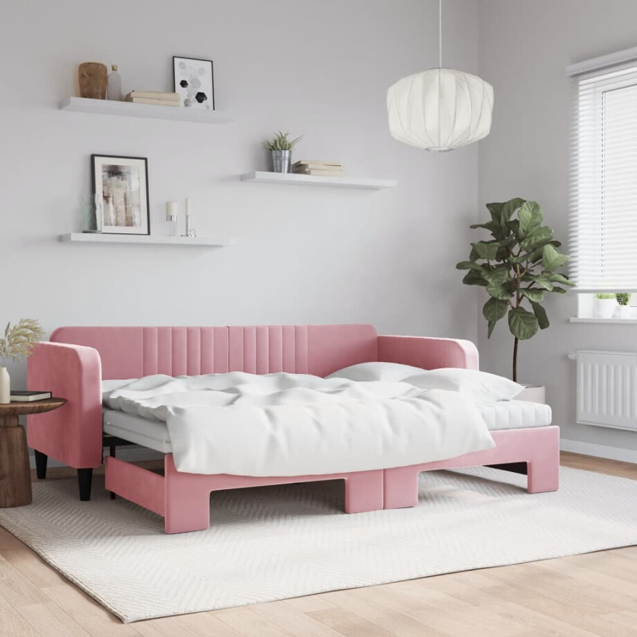 vidaXL Slaapbank onderschuifbed en matrassen 80x200 cm fluweel roze vidaXL Slaapbank onderschuifbed en matrassen 80x200 cm fluweel roze afbeelding 1