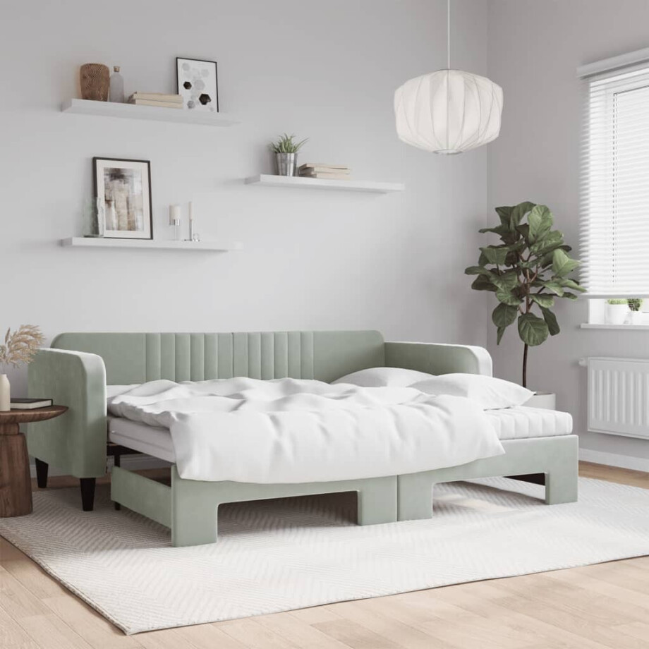 vidaXL Slaapbank onderschuifbed matrassen 90x200 cm fluweel lichtgrijs vidaXL Slaapbank onderschuifbed matrassen 90x200 cm fluweel lichtgrijs afbeelding 1