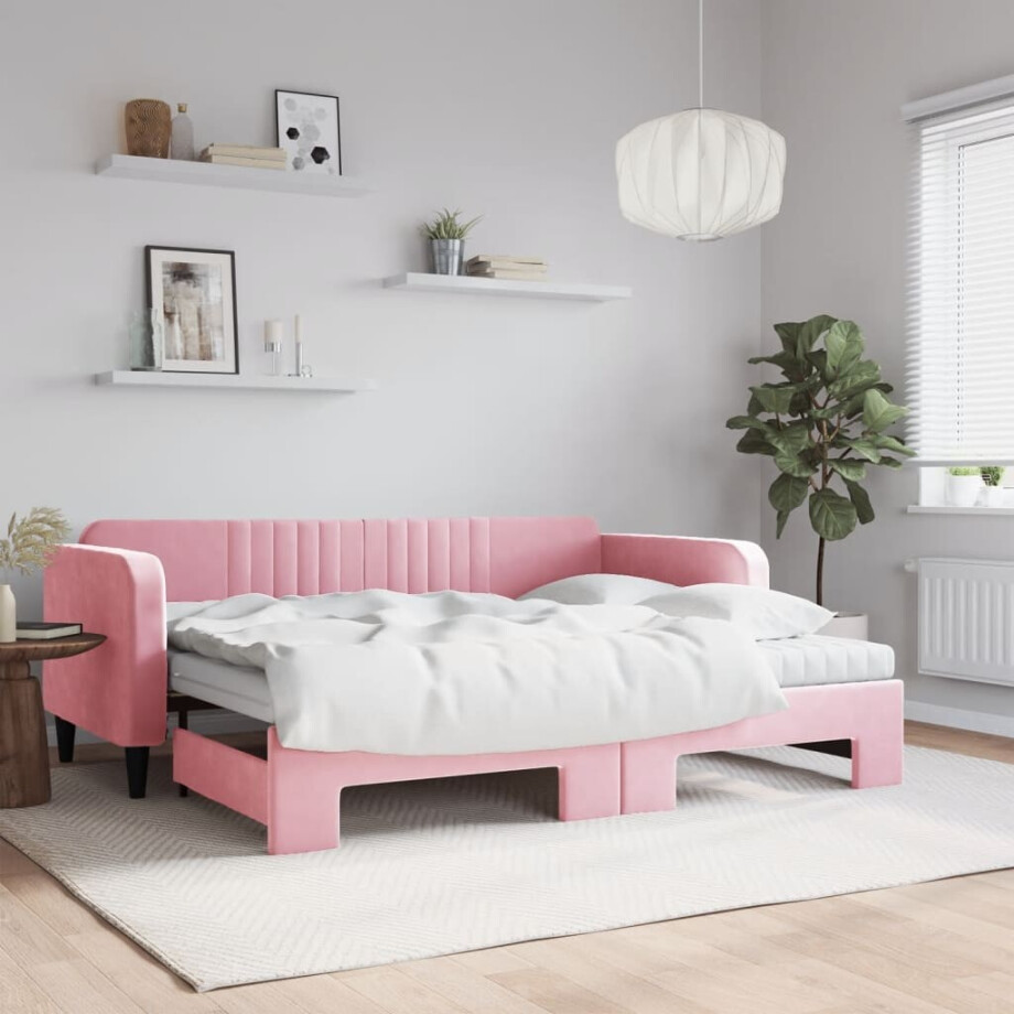 vidaXL Slaapbank onderschuifbed en matrassen 90x200 cm fluweel roze afbeelding 1
