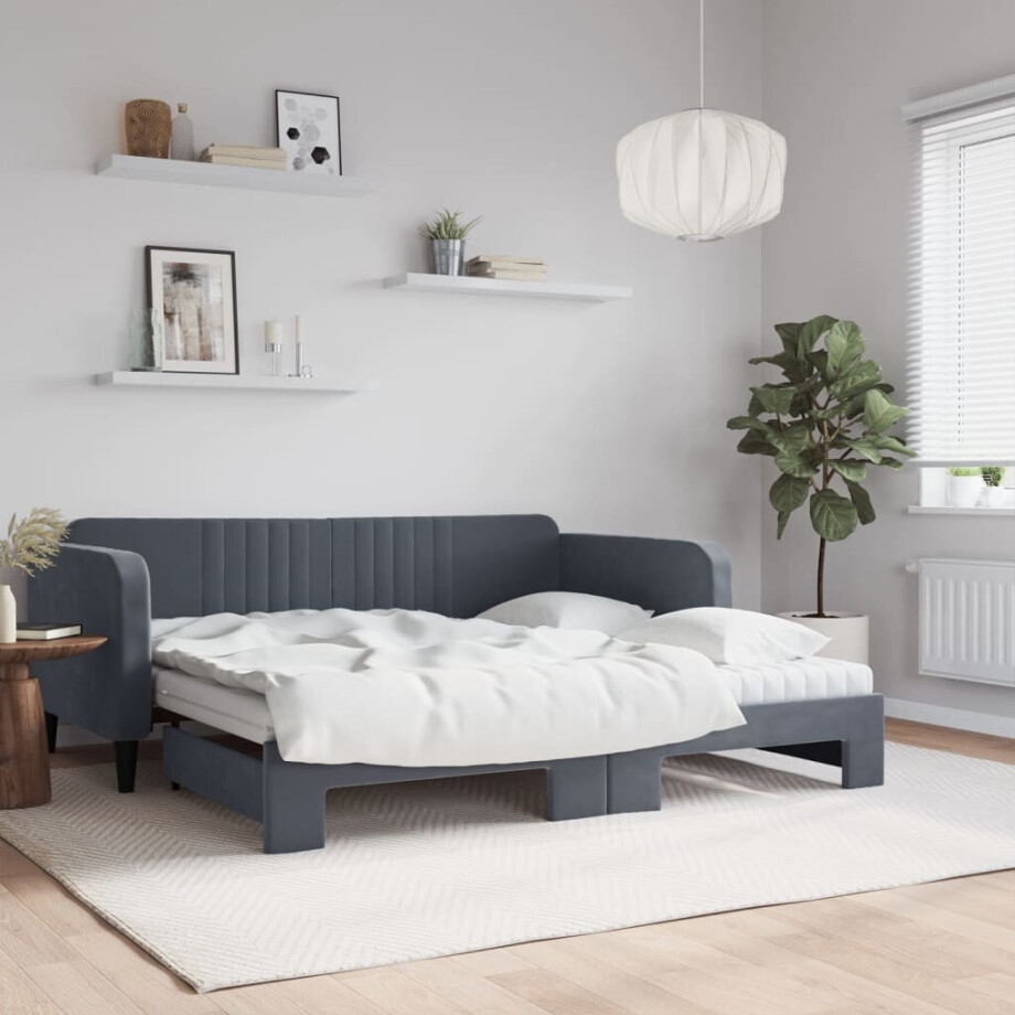vidaXL Slaapbank onderschuifbed matrassen 90x190cm fluweel donkergrijs vidaXL Slaapbank onderschuifbed matrassen 90x190cm fluweel donkergrijs afbeelding 1