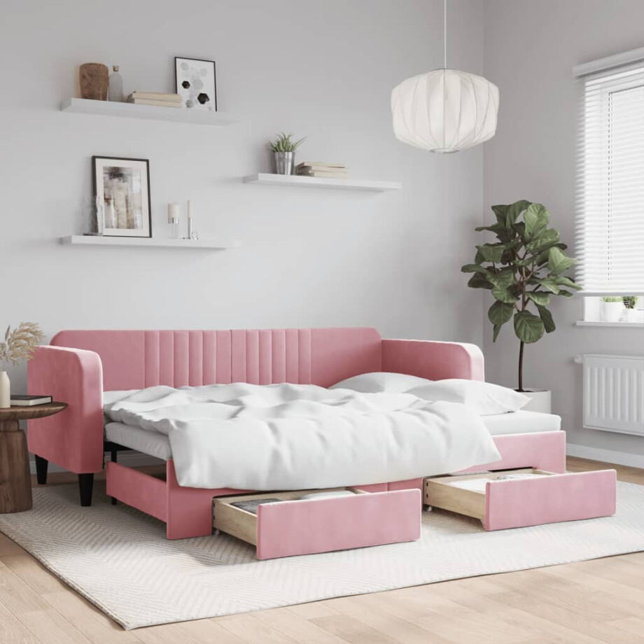 vidaXL Slaapbank met onderschuifbed en lades 80x200 cm fluweel roze vidaXL Slaapbank met onderschuifbed en lades 80x200 cm fluweel roze afbeelding 1