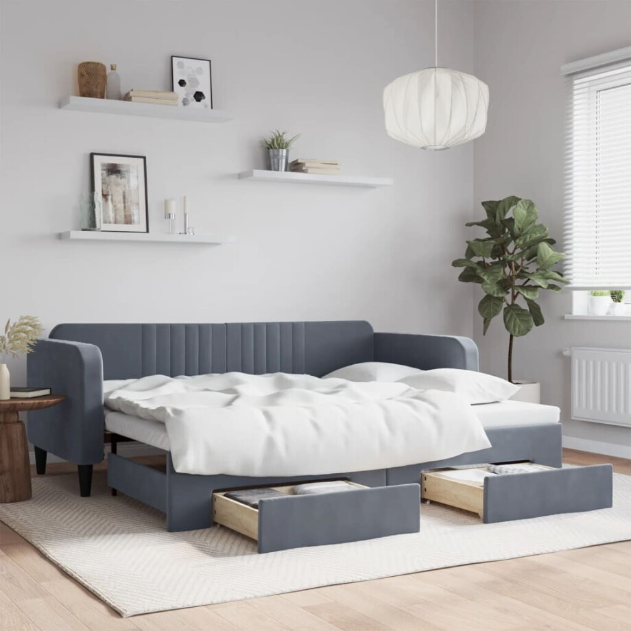 vidaXL Slaapbank onderschuifbed en lades 90x200 cm fluweel donkergrijs vidaXL Slaapbank onderschuifbed en lades 90x200 cm fluweel donkergrijs afbeelding 1