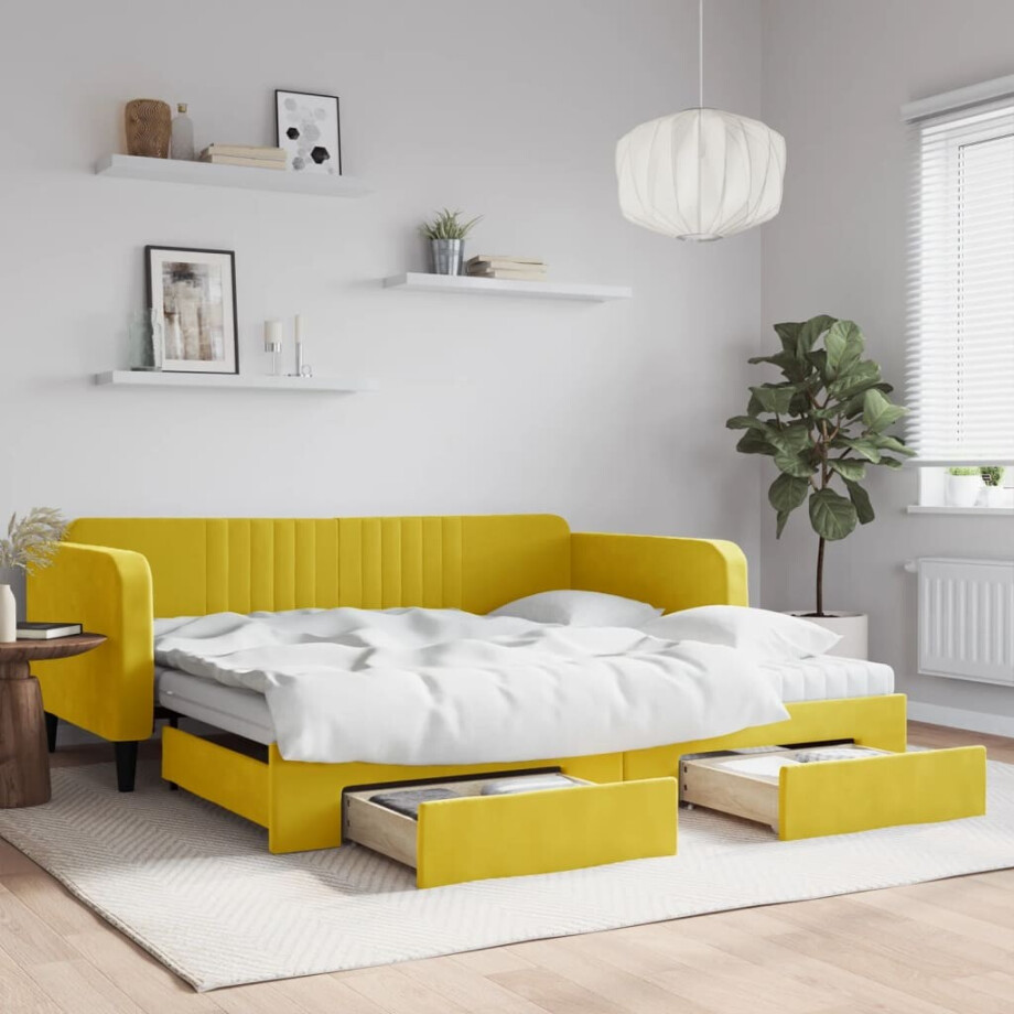 vidaXL Slaapbank met onderschuifbed en lades 100x200 cm fluweel geel afbeelding 1