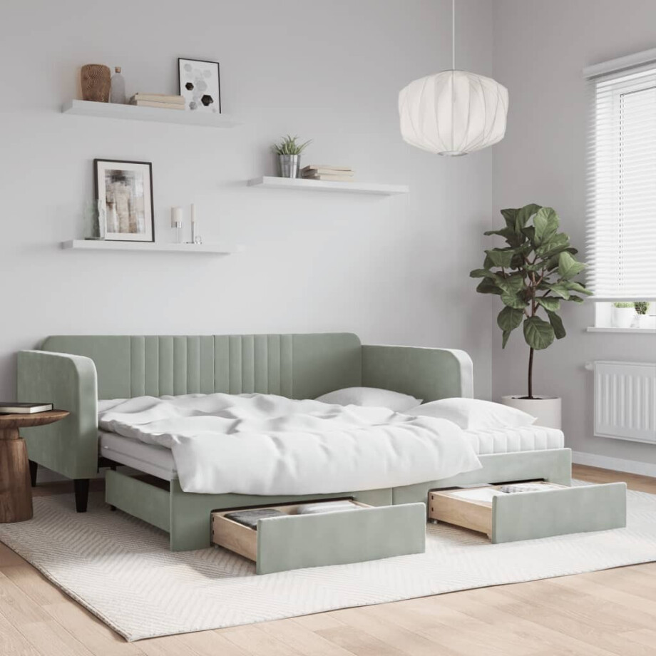 vidaXL Slaapbank onderschuifbed en lades 90x190 cm fluweel lichtgrijs vidaXL Slaapbank onderschuifbed en lades 90x190 cm fluweel lichtgrijs afbeelding 1