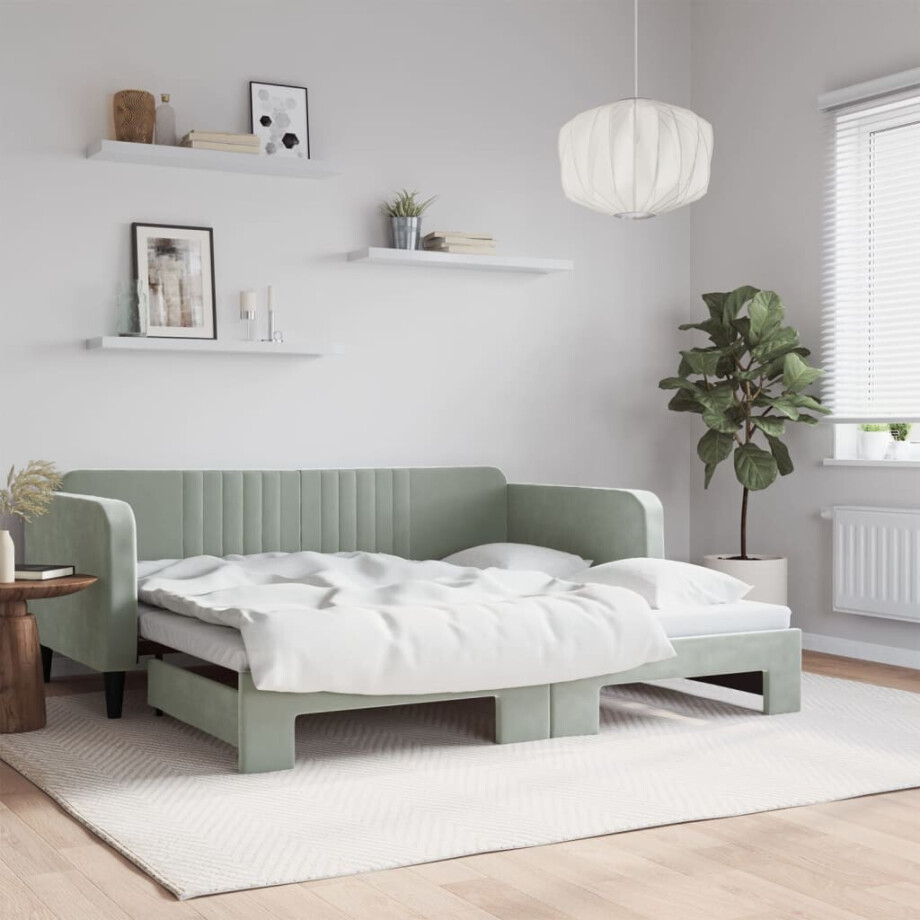 vidaXL Slaapbank met onderschuifbed 100x190 cm fluweel lichtgrijs afbeelding 1