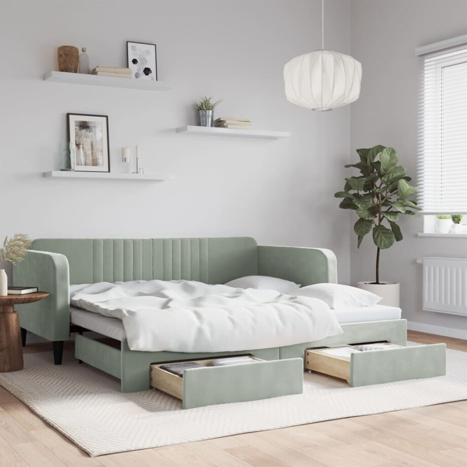 vidaXL Slaapbank met uitschuifbed lades 100x190 cm fluweel lichtgrijs afbeelding 1