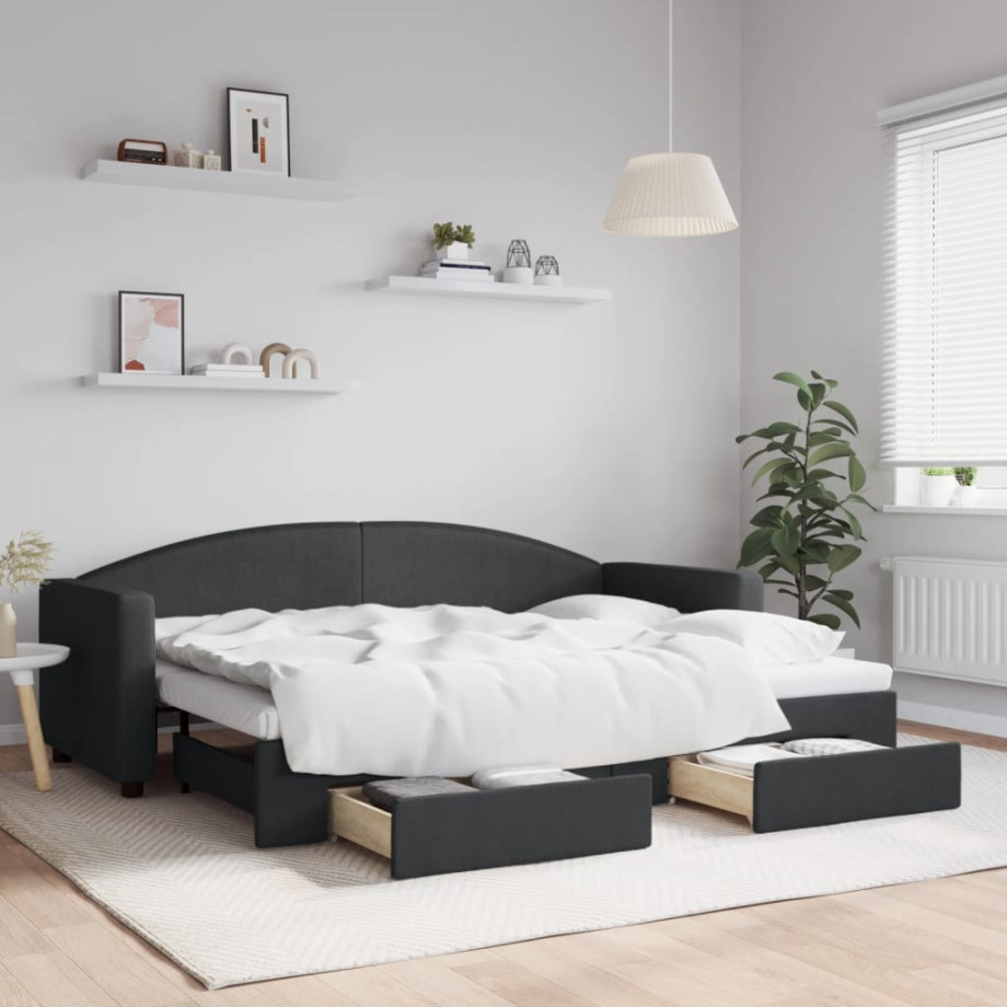 vidaXL Slaapbank met onderschuifbed en lades 80x200 cm stof zwart afbeelding 1