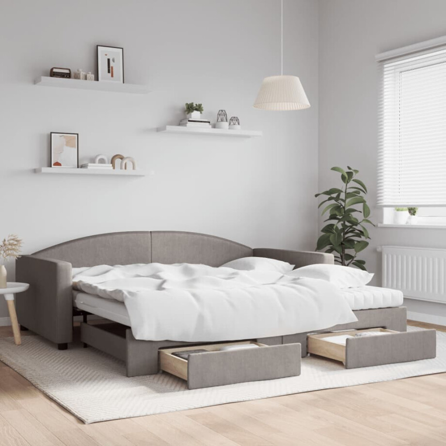 vidaXL Slaapbank met onderschuifbed en lades 100x200 cm stof taupe vidaXL Slaapbank met onderschuifbed en lades 100x200 cm stof taupe afbeelding 1