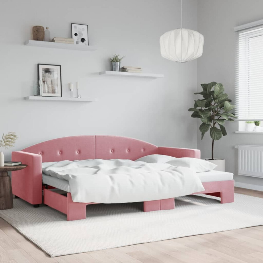 vidaXL Slaapbank met onderschuifbed 80x200 cm fluweel roze vidaXL Slaapbank met onderschuifbed 80x200 cm fluweel roze afbeelding 1
