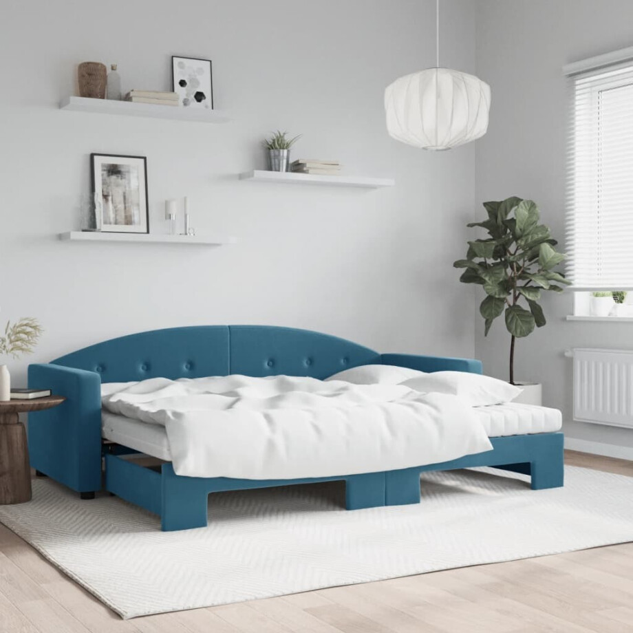 vidaXL Slaapbank onderschuifbed en matrassen 80x200 cm fluweel blauw afbeelding 1