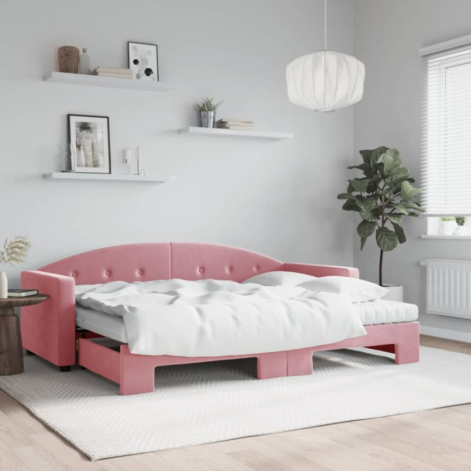 vidaXL Slaapbank onderschuifbed en matrassen 80x200 cm fluweel roze vidaXL Slaapbank onderschuifbed en matrassen 80x200 cm fluweel roze afbeelding 1