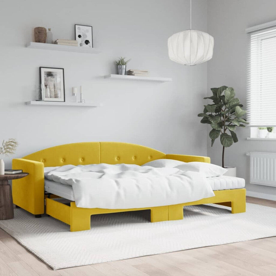 vidaXL Slaapbank onderschuifbed en matrassen 80x200 cm fluweel geel afbeelding 1