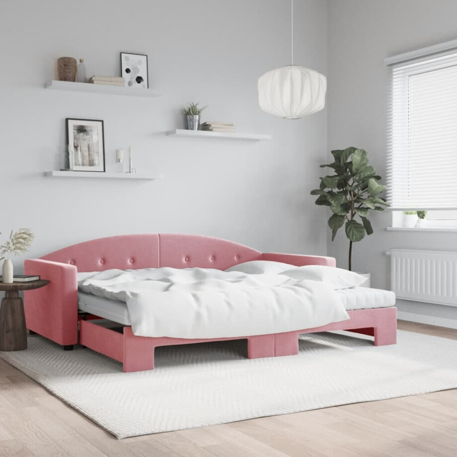 vidaXL Slaapbank onderschuifbed en matrassen 90x200 cm fluweel roze vidaXL Slaapbank onderschuifbed en matrassen 90x200 cm fluweel roze afbeelding 1