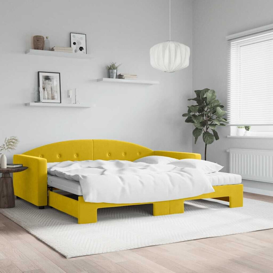 vidaXL Slaapbank onderschuifbed en matrassen 100x200 cm fluweel geel afbeelding 1