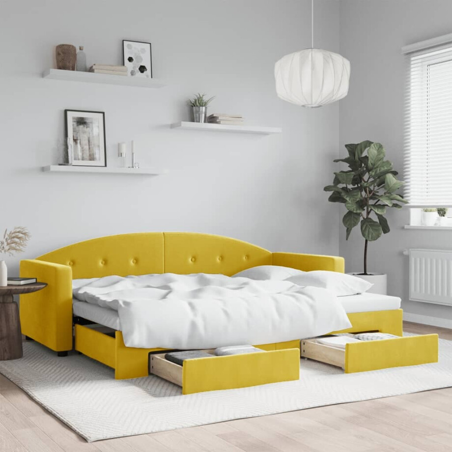 vidaXL Slaapbank met onderschuifbed en lades 80x200 cm fluweel geel afbeelding 1