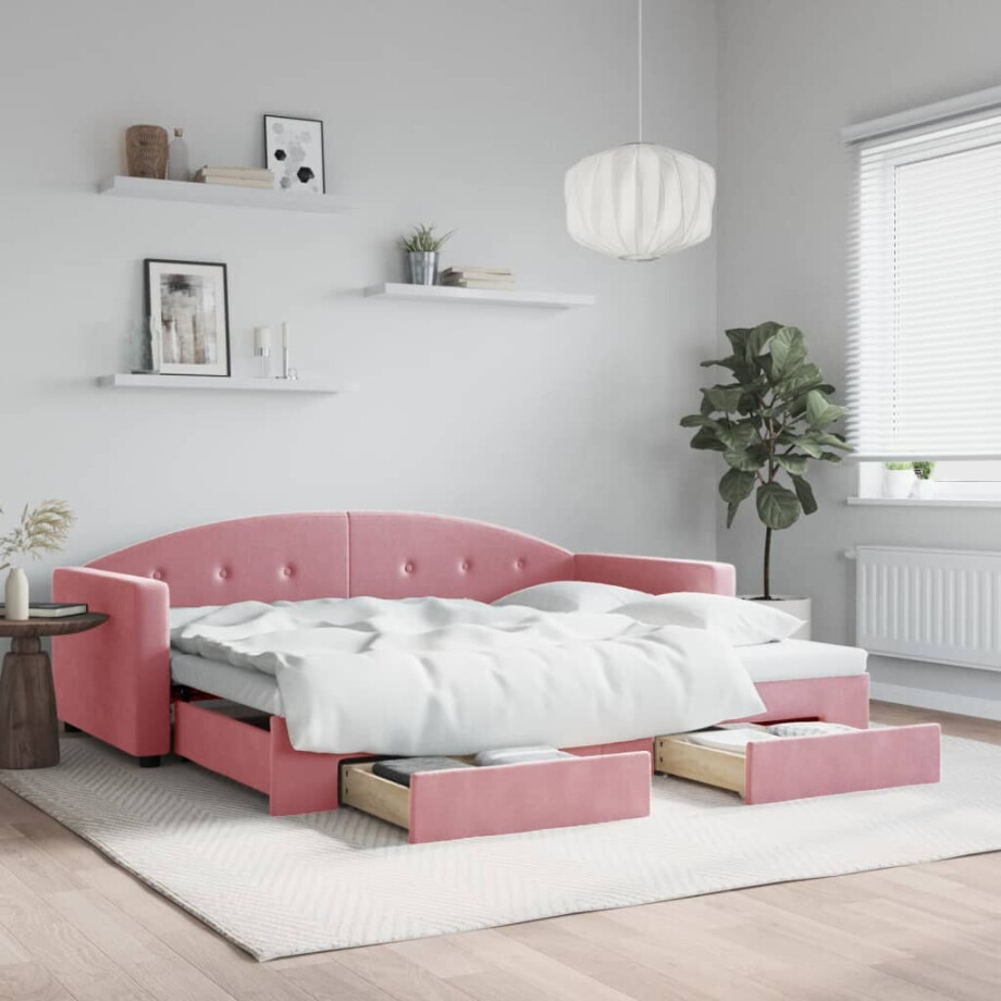 vidaXL Slaapbank met onderschuifbed en lades 90x200 cm fluweel roze afbeelding 1
