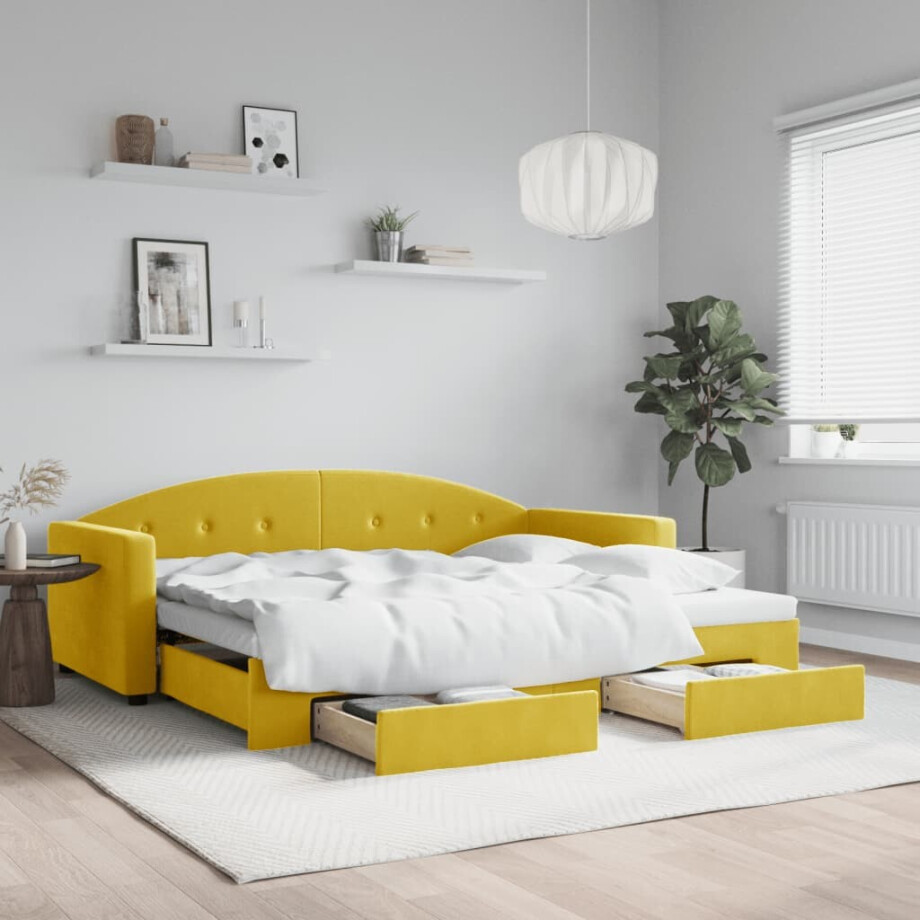 vidaXL Slaapbank met onderschuifbed en lades 90x200 cm fluweel geel afbeelding 1