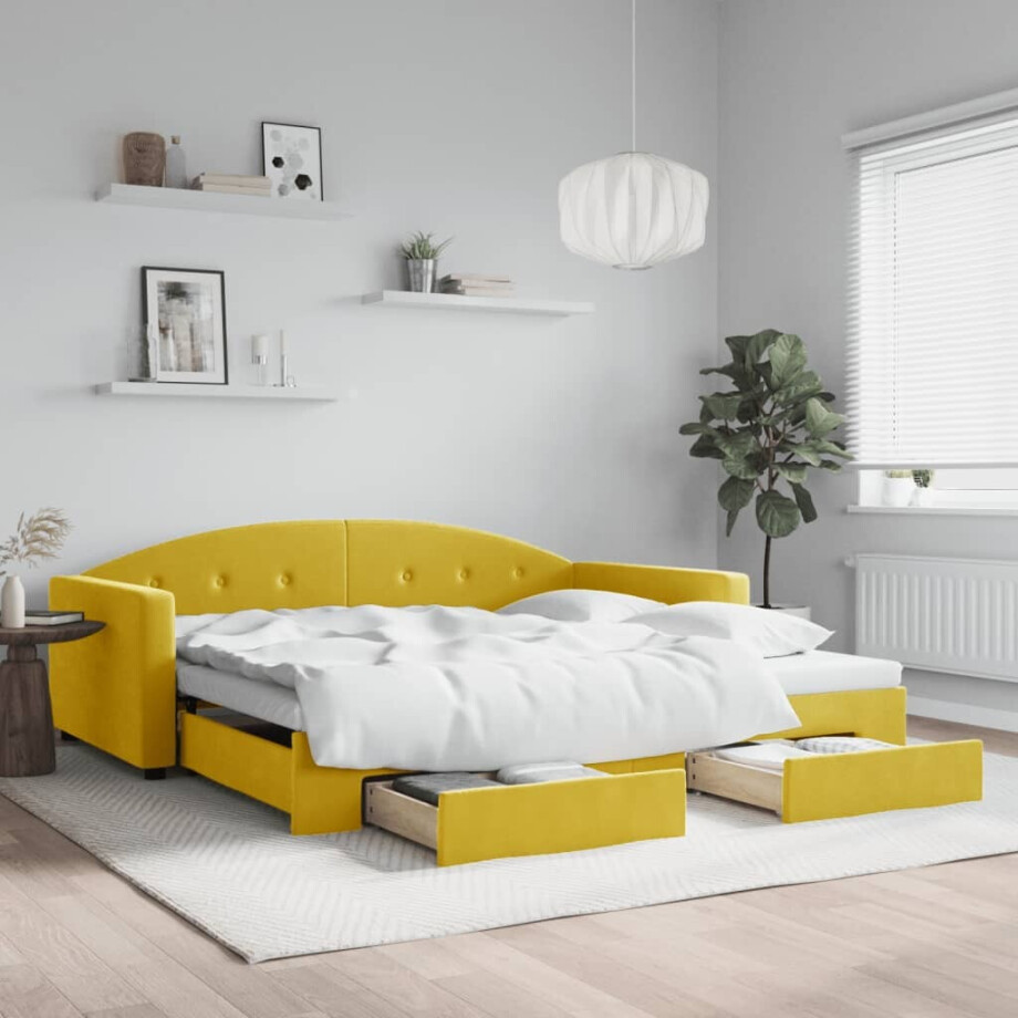 vidaXL Slaapbank met onderschuifbed en lades 100x200 cm fluweel geel afbeelding 1