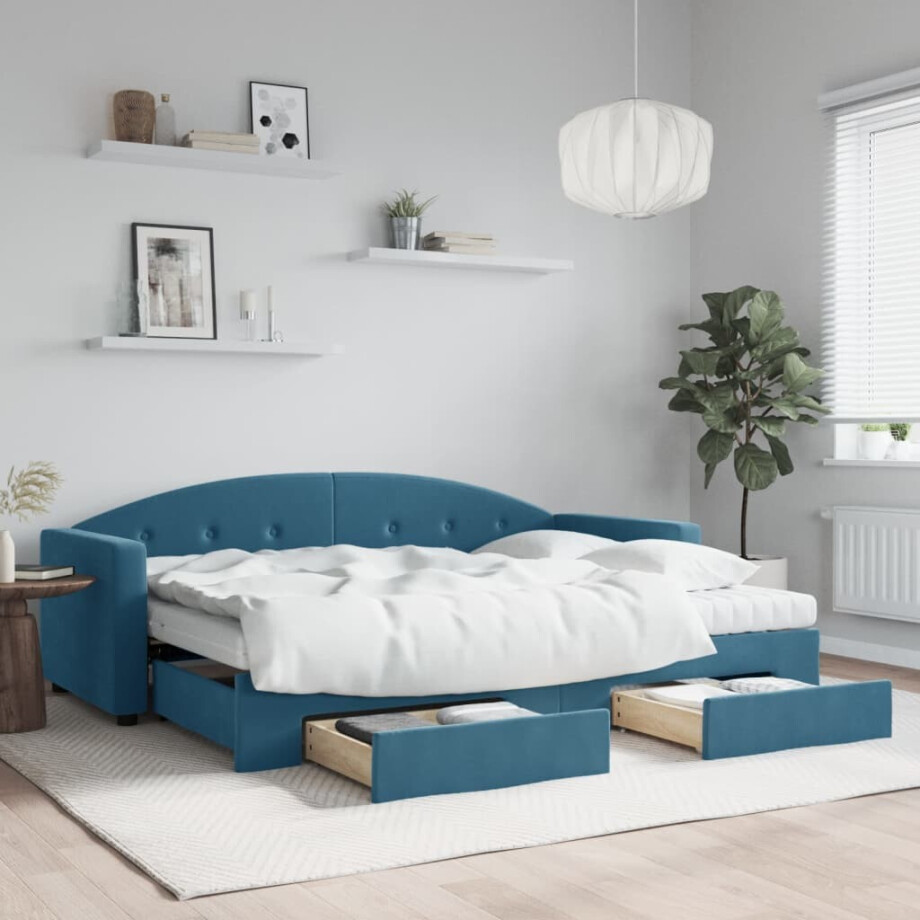 vidaXL Slaapbank met onderschuifbed en lades 80x200 cm fluweel blauw vidaXL Slaapbank met onderschuifbed en lades 80x200 cm fluweel blauw afbeelding 1