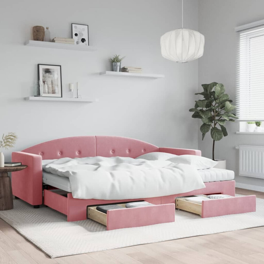 vidaXL Slaapbank met onderschuifbed en lades 80x200 cm fluweel roze vidaXL Slaapbank met onderschuifbed en lades 80x200 cm fluweel roze afbeelding 1