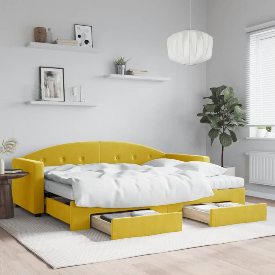 vidaXL Slaapbank met onderschuifbed en lades 80x200 cm fluweel geel afbeelding 1