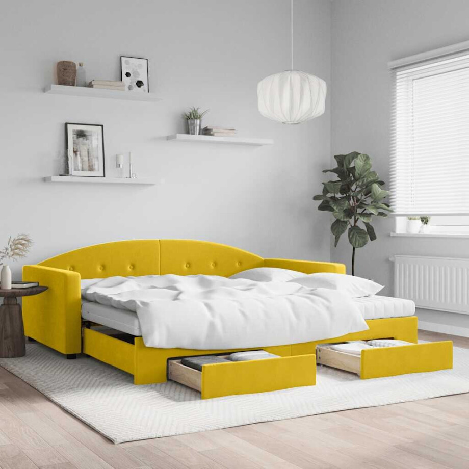 vidaXL Slaapbank met onderschuifbed en lades 100x200 cm fluweel geel afbeelding 1