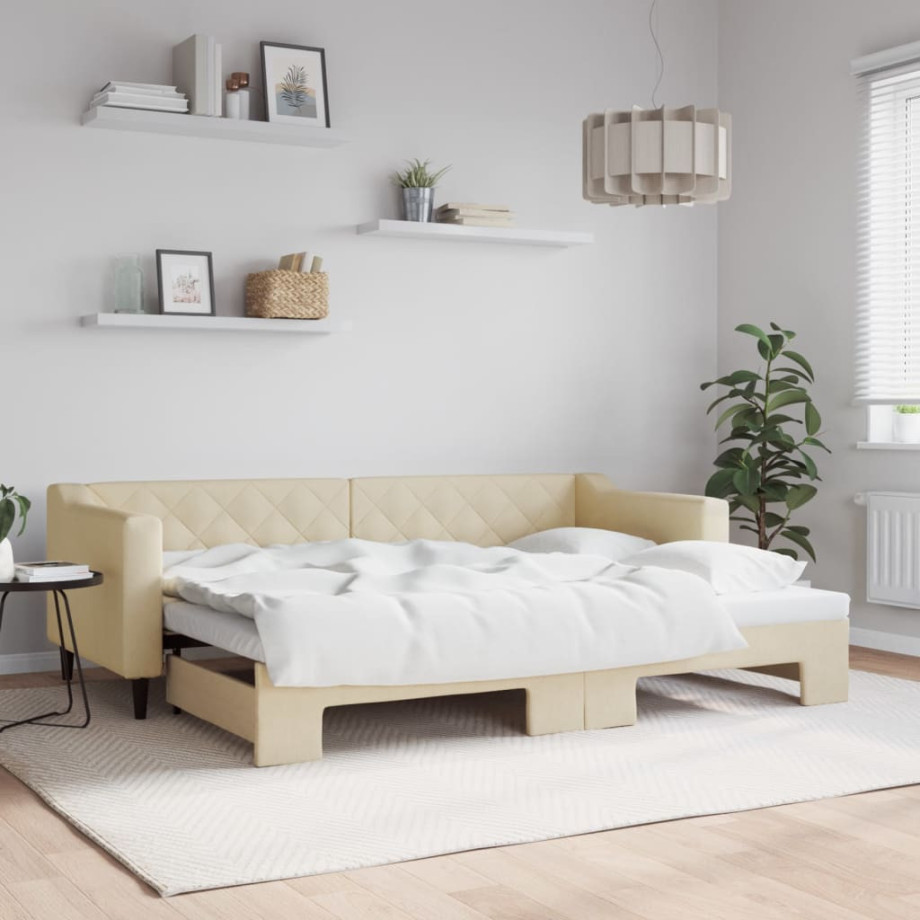vidaXL Slaapbank met onderschuifbed 80x200 cm stof crèmekleurig afbeelding 1