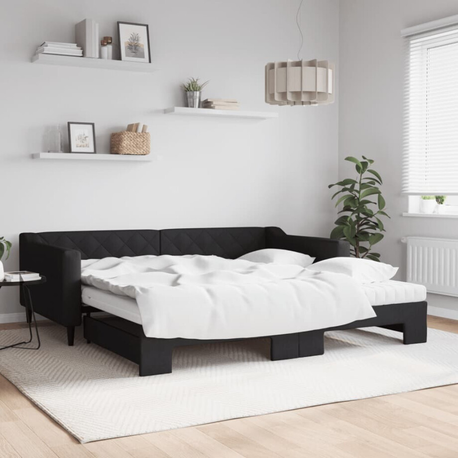 vidaXL Slaapbank met onderschuifbed en matrassen 100x200 cm stof zwart afbeelding 1