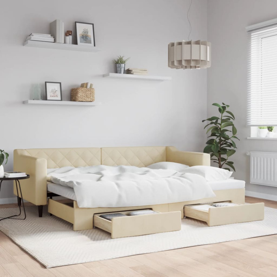 vidaXL Slaapbank met onderschuifbed en lades 80x200 cm stof crèmekleur afbeelding 1