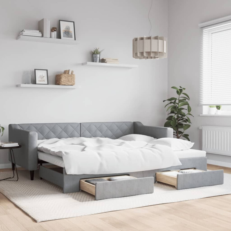 vidaXL Slaapbank met onderschuifbed en lades 90x200 cm stof lichtgrijs afbeelding 1
