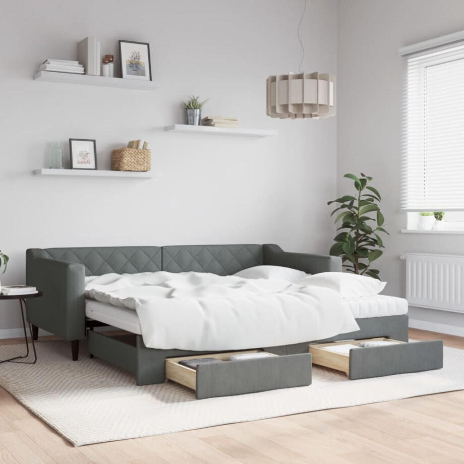 vidaXL Slaapbank onderschuifbed en lades 90x190 cm stof donkergrijs vidaXL Slaapbank onderschuifbed en lades 90x190 cm stof donkergrijs afbeelding 1