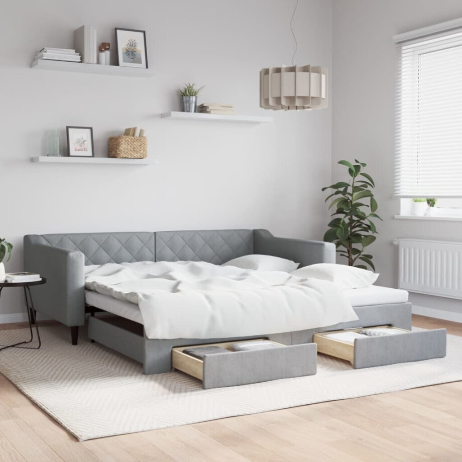 vidaXL Slaapbank met onderschuifbed lades 100x190 cm stof lichtgrijs afbeelding 1