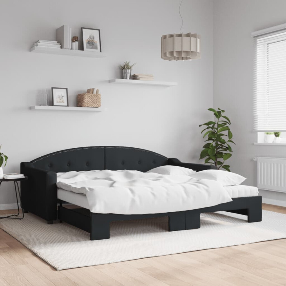vidaXL Slaapbank met onderschuifbed en matrassen 90x190 cm stof zwart afbeelding 1