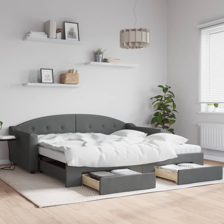 vidaXL Slaapbank onderschuifbed en lades 100x200 cm stof donkergrijs afbeelding 1