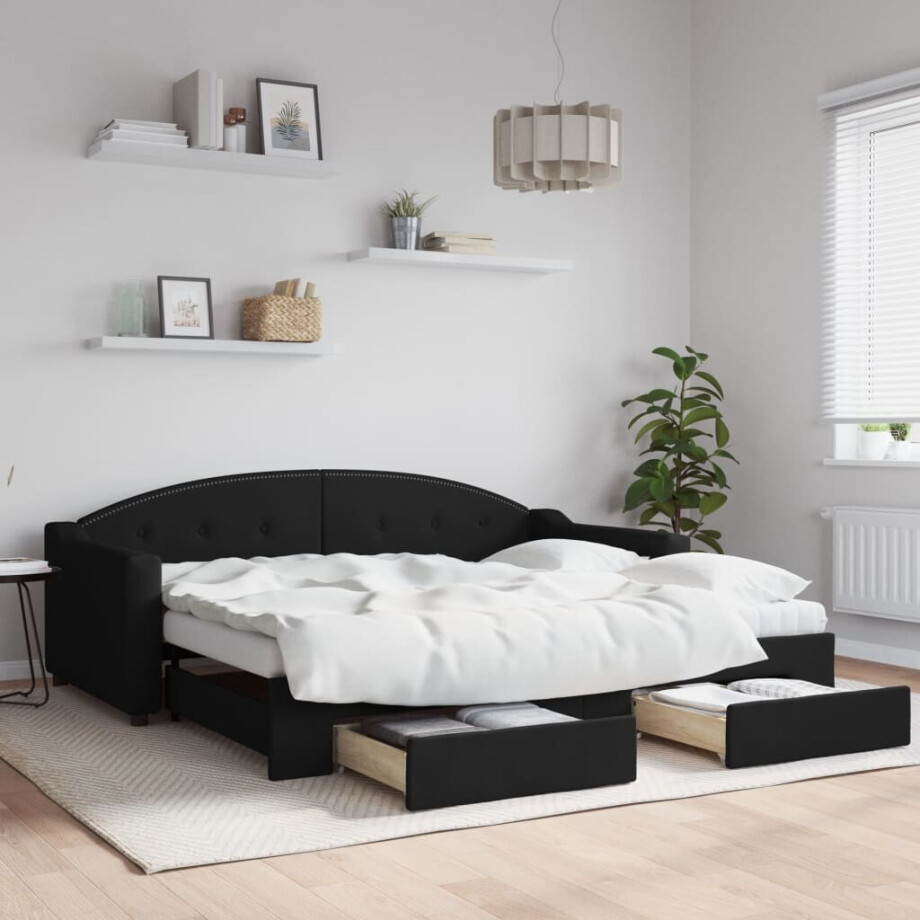 vidaXL Slaapbank met onderschuifbed en lades 90x190 cm stof zwart afbeelding 1