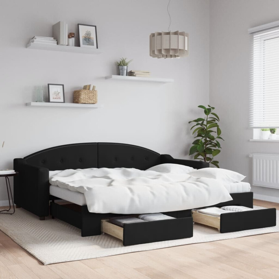 vidaXL Slaapbank met onderschuifbed en lades 90x190 cm stof zwart afbeelding 1