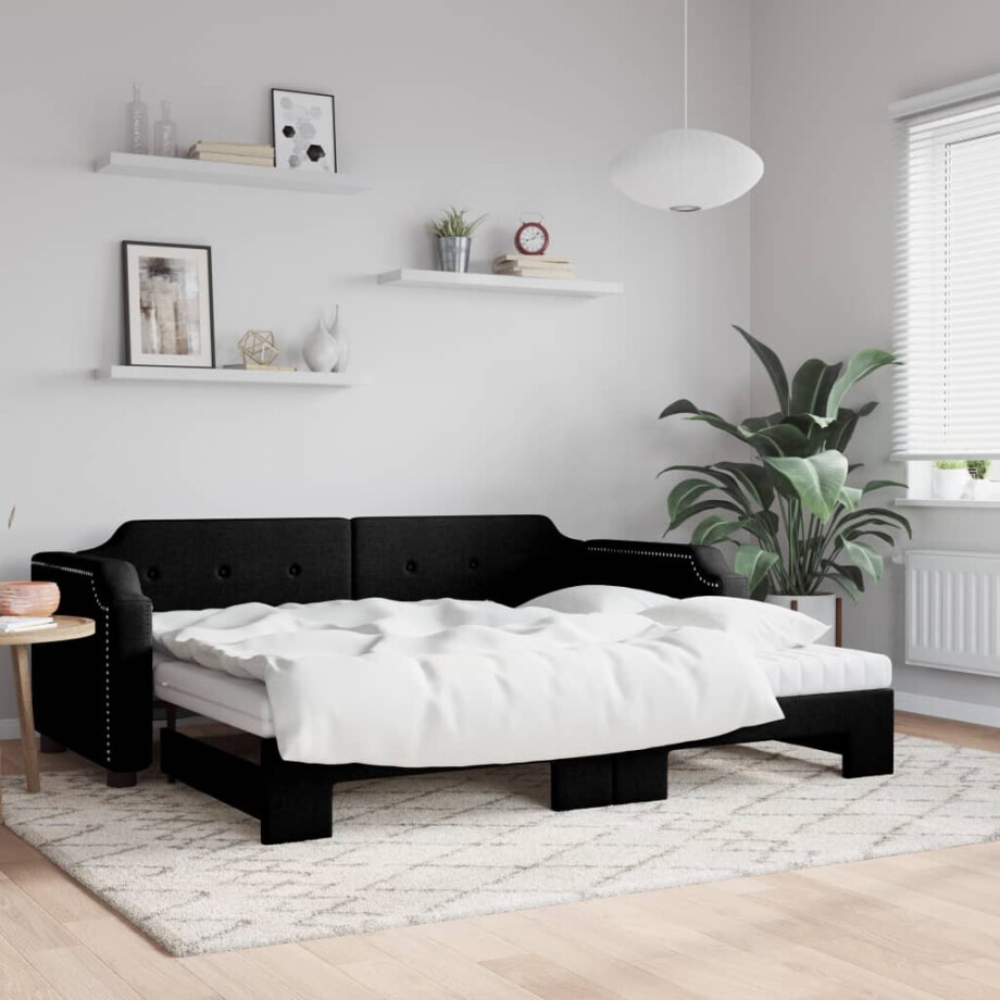 vidaXL Slaapbank met onderschuifbed en matrassen 100x200 cm stof zwart afbeelding 1