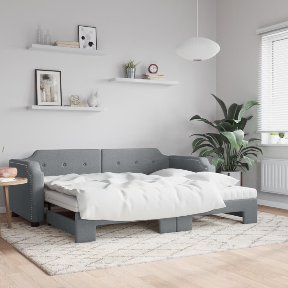 vidaXL Slaapbank onderschuifbed en matrassen 90x190 cm stof lichtgrijs afbeelding 1