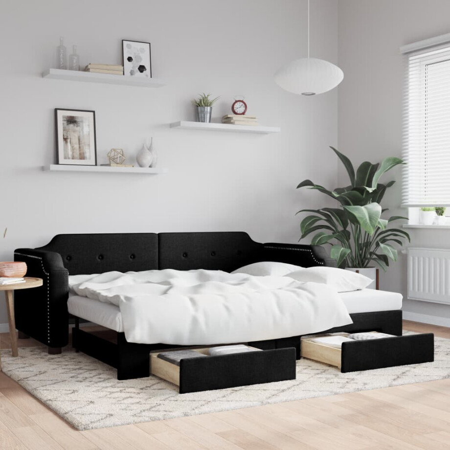 vidaXL Slaapbank met onderschuifbed en lades 100x200 cm stof zwart afbeelding 1