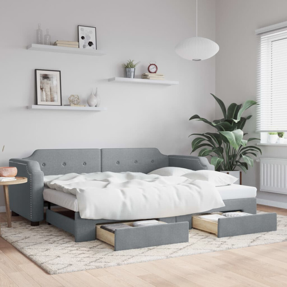 vidaXL Slaapbank met onderschuifbed en lades 90x190 cm stof lichtgrijs afbeelding 1