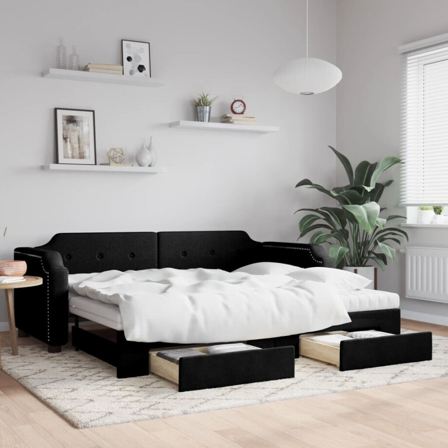vidaXL Slaapbank met onderschuifbed en lades 100x200 cm stof zwart afbeelding 1