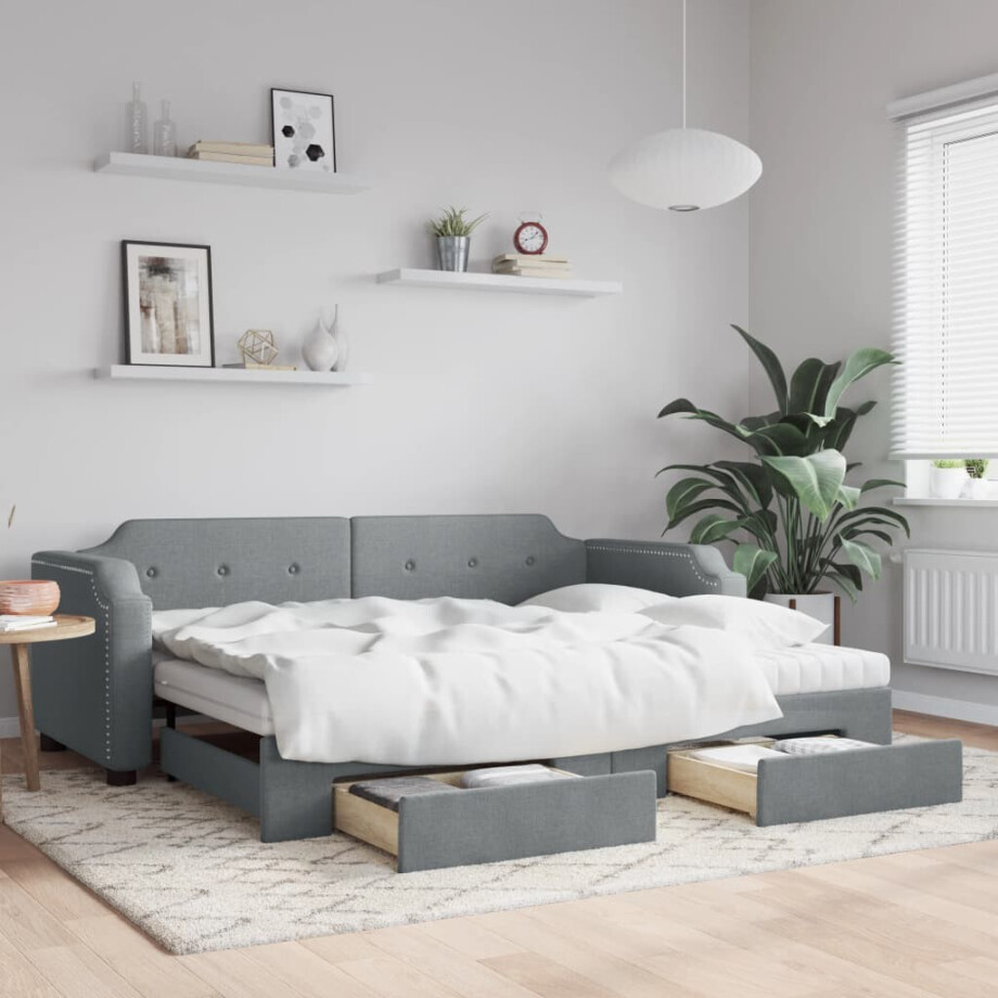 vidaXL Slaapbank met onderschuifbed en lades 90x190 cm stof lichtgrijs afbeelding 1