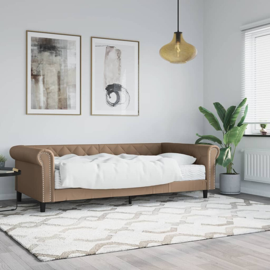 vidaXL Slaapbank met matras 90x200 cm kunstleer cappuccinokleurig vidaXL Slaapbank met matras 90x200 cm kunstleer cappuccinokleurig afbeelding 1