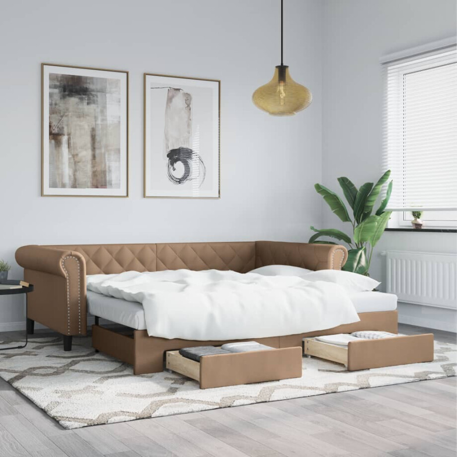 vidaXL Slaapbank met onderschuifbed en lades 90x200 cm kunstleer afbeelding 1