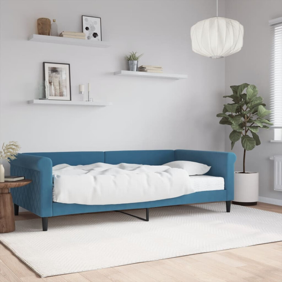 vidaXL Slaapbank met matras 100x200 cm fluweel blauw vidaXL Slaapbank met matras 100x200 cm fluweel blauw afbeelding 1